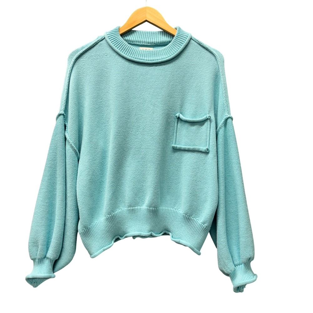 POL Sweater Womens Medium Boxy Fit Light Blue Knit Pullover Boho Coastal Comfy
